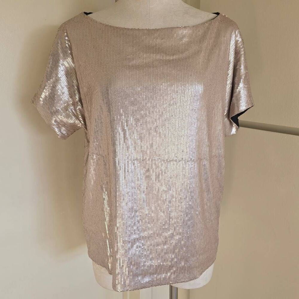 Gibson pale gold sequin Bateau neck short slv. "T-Shirt", Fully lined, NWT, Sz.M
